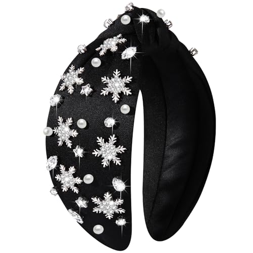 Christmas Headband for Women Jeweled Xmas Plaid Headband Embellished Crystal Pearl Knotted Headbands Wide Top Knot Holiday Headband Christmas Hair Accessories Holiday Outfits Gifts (Snowflake Black 2)