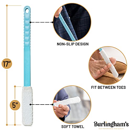 Burlingham's Toe and Foot Towel Brush with Reusable Drying Covers Long 17” Handle for Cleaning Between Toes, Soft Skin Exfoliation,for Seniors, Adults, or Kids, 3 Washable Cloth