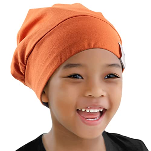 ELIHAIR Kids Beanie Sleep Hats Bonnet for Night Sleeping Cap Silky Lined Satin Bonnet with Adjustable Elastic Band for Teens Toddler Child Natural Curly Frizzy Hair Cover(Cinnabar Tangerine)