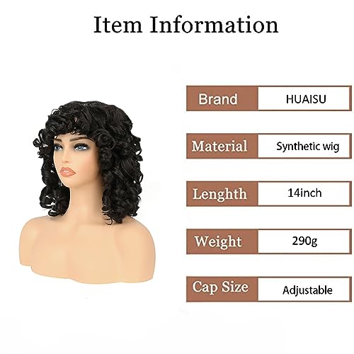 HUAISU Short Black Curly Kinky Wig with Bangs Synthetic High Density Shoulder Length Deep Wave Density Wig for Women One Piece Heat Resistant Fluffy Cosplay Wig (Black, 14inch)