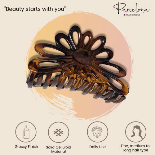 Parcelona French Plume 3" Celluloid No Slip Grip Covered Spring Jaw Hair Claw Durable Styling Women Hair Accessories, Made in France (Tortoise Shell Brown)