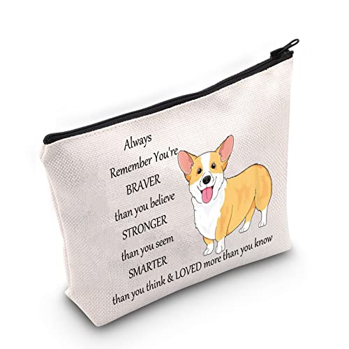 LEVLO Corgi Dog Cosmetic Make up Bag Corgi Lover Gift Corgi You Are Braver Stronger Smarter Than You Think Makeup Zipper Pouch Bag For Dogs Owner Corgi Mom (Corgi Bag)