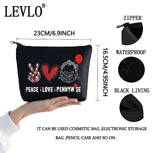 LEVLO Clowns Cosmetic Make Up Bag Movie Fans Gift Peace Love Movie Makeup Zipper Pouch Bag Horror Movie Gift (Black Peace Pennywise)