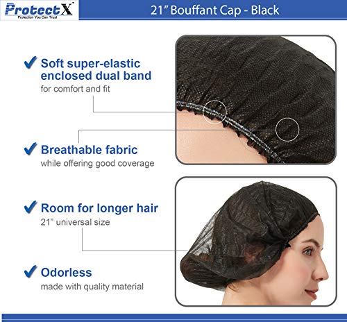 ProtectX 500-Pack Black Disposable Hair Nets, Elastic Head Cover, Bouffant Caps, Sanitation Head Cover for Food Service, Spa Men & Women - 21 inch