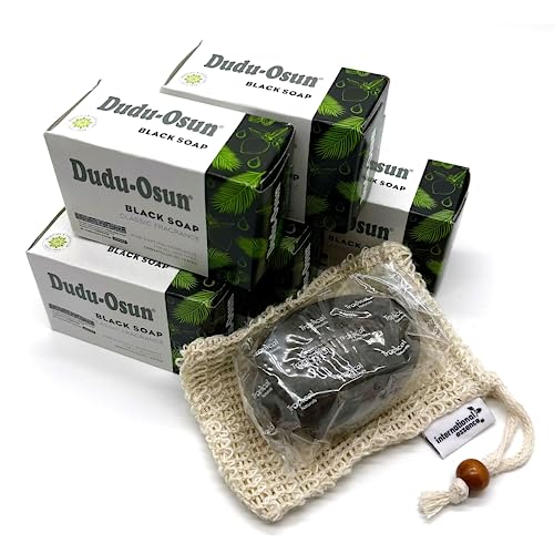 International Essence Dudu Osun 5-Pack Black Soap Bundled with Soap Pouch - Natural African Skincare Bar, Rejuvenating & Moisturizing Face, Body Wash (Classic Fragrance)