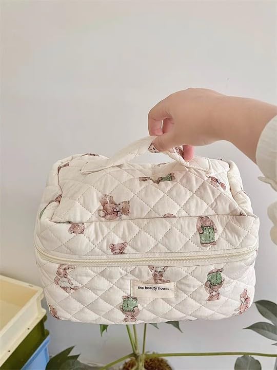 Komociya Cute Makeup Bag Travel Cosmetic Bag Soft Cotton Quilted Makeup Bag Organizer Toiletry Bag Skincare Bag (L-BEAR)