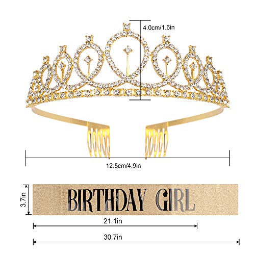 Birthday Crown, Didder Gold Birthday Girl Sash & Rhinestone Tiara Set, Birthday Tiara Birthday Crowns for Women Birthday Sash and Tiaras for Women Girls Birthday Gifts Party Accessories