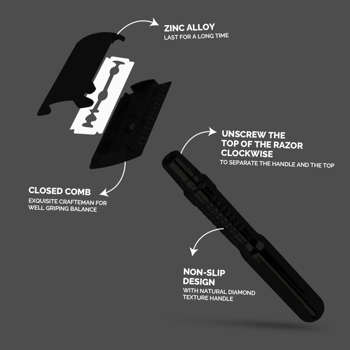 M. A. C.® Matte Black Double Edge Razor for Men & Women, Single Blade Razor, Long Handle Safety Razor with 5 Blades Smooth Reuseable & Eco Friendly