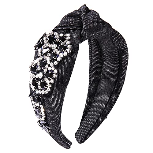 GLBCC Flower Knot Headband Rhinestone Crystal Flower Knotted Hairband Headpiece Wide Vintage Head Band for Women Spring Summer Hairpiece Hair Accessories Gift (black flower hairband)