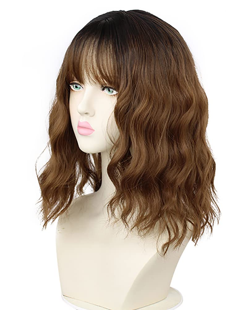 Sharebeauty Synthetic Bob Wig for Women Natural Wavy Curly Full Wig with Bangs Brown Ombre