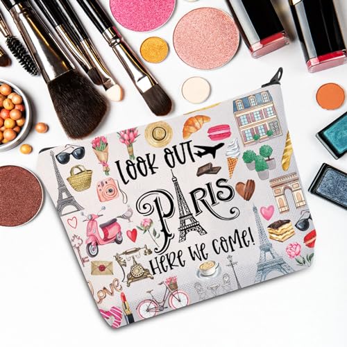 JNIAP Paris Themed Makeup Bag Paris Trip Gifts Paris Travel Bag Paris Toiletry Bag Paris Zipper Pouch Paris Makeup Pouch (look out paris)