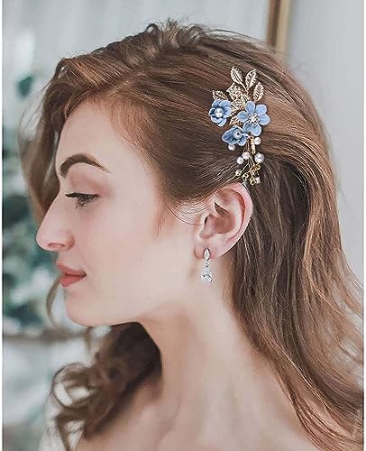 6 Pack Blue Metal Bride Wedding Flower Hair Side Comb + U-Shaped Flower Hairpin Ball Headwear Bride Bridesmaid Ladies Girl Wedding Hair Styling Accessories