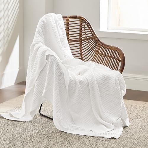 Bedsure 100% Cotton Large Throw Blankets for Couch - Waffle Weave White Throw Blankets for Bed, Lightweight and Soft Spring Throw Blankets for Office, 50x70 inches