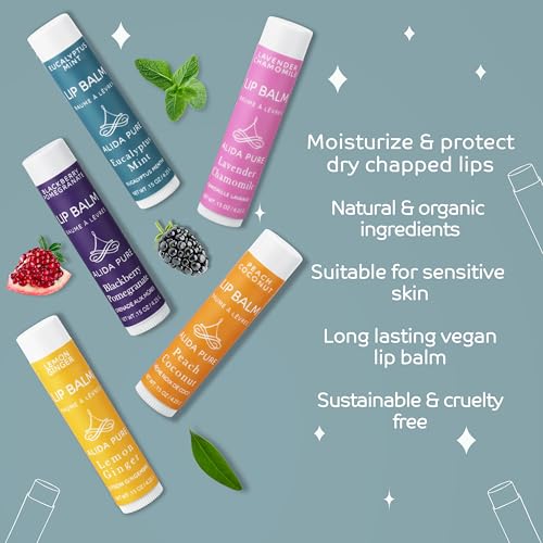 ALIDA PURE Duet Lip Balm Collection, Vegan Lip Balm Set, Beeswax Free, with Avocado Oil, Organic Jojoba Oil, and Vitamin E, Natural Moisturizer for Dry, Chapped Lips, 5 Tube Set