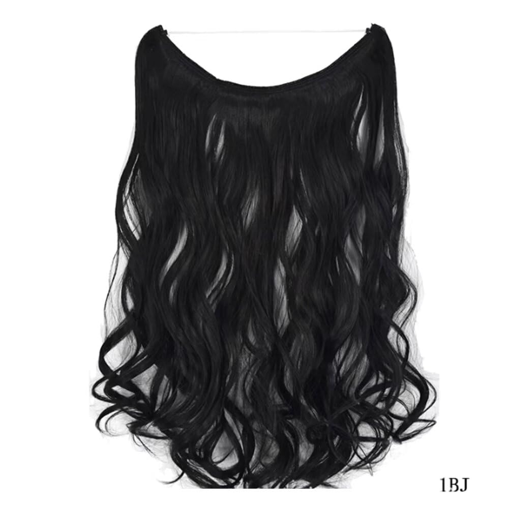 iLUU Natural Black Color Curly Hair Extensions Wavy Synthetic Hair Piece for Women 18inch 80grams Fish Line Secret Invisible Hidden Wire Hair Extensions for Women Girl #1BJ