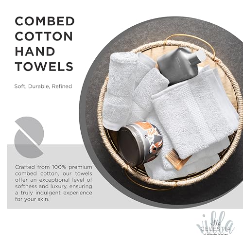 Villa Celestia 100% Cotton Hand Towel Set of 2, (16 x 28 inches) Sustainable, Soft, Highly Absorbent, Quick Drying, Combed Cotton Hand Towels Pack of 2 Ideal for Hotels, Spa, Bathroom, Dorm, White