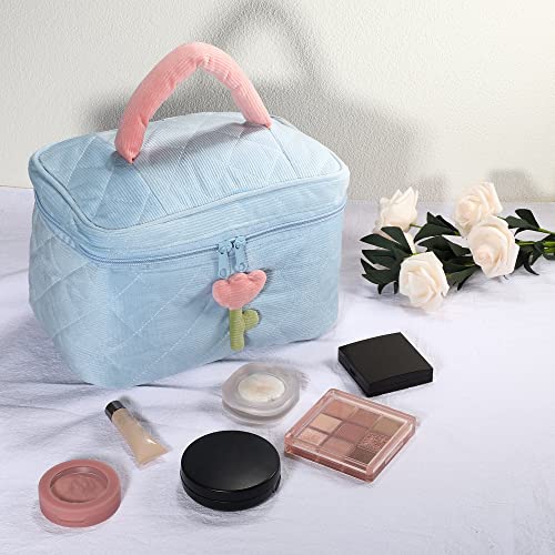 VOCOSTE Corduroy Makeup Bag, Large Travel Cosmetic Bag Quilted Toiletry Bag Aesthetic Cute Tulip Flower Pattern Makeup Bag for Women, Blue