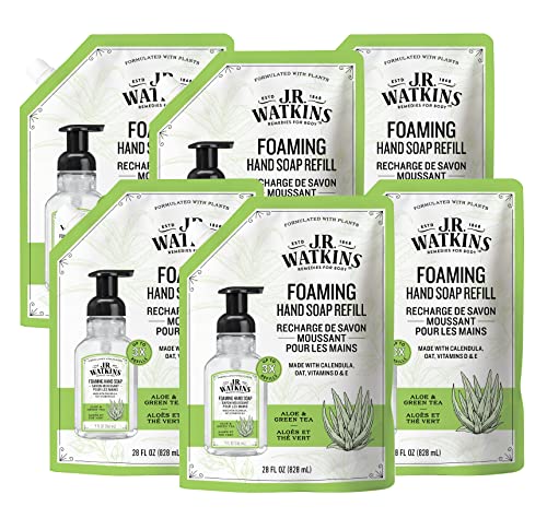 J.R. Watkins Foaming Hand Soap Refill Pouch, Scented Foam Handsoap for Bathroom or Kitchen, USA Made and Cruelty Free, Aloe & Green Tea, 28 Fl Oz (Pack of 6)