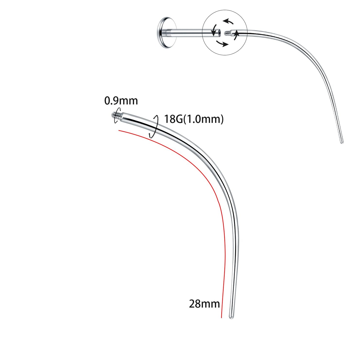 Aumeo G23 Titanium Piercing Taper 12G 14G 16G 18G Piercing Taper Insertion Tool for Nose Lip Monroe Ear Tragus Threadless/Internal/External Piercing Threader Tool (Curved-18G-Top gauge 0.9mm)