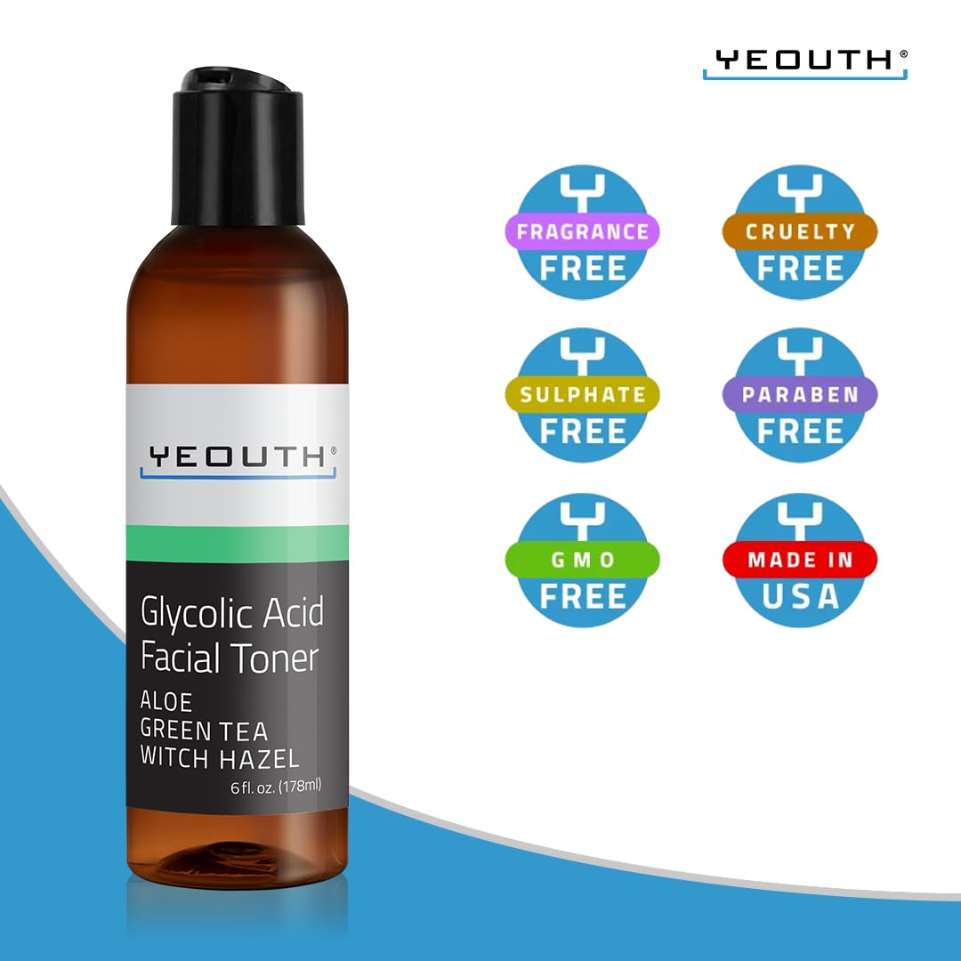 YEOUTH Glycolic Acid Toner for Face with Witch Hazel, Facial Toner, Gentle Exfoliating Hydrating Body & Face Toner for Women, Skin Toner, 8% Glycolic Toner 6oz