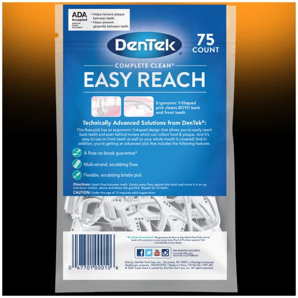 DenTek Complete Clean Easy Reach Floss Picks, No Break & No Shred Floss, 75 Count (Pack of 12)