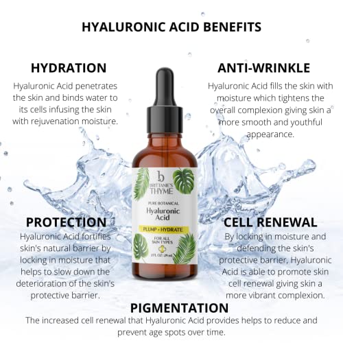 Brittanie's Thyme Pure Hyaluronic Acid Serum for Face | Anti-Aging Serum for Fine Lines & Wrinkles | Intense Plumping and Hydration | Repairs Dry Skin with Highest Concentration of Hyaluronic Acid