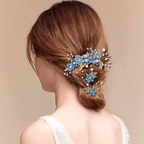 6 Pack Blue Metal Bride Wedding Flower Hair Side Comb + U-Shaped Flower Hairpin Ball Headwear Bride Bridesmaid Ladies Girl Wedding Hair Styling Accessories