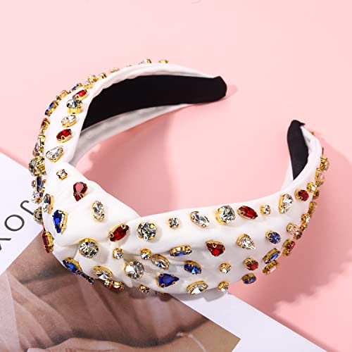 CENAPOG Rhinestone Knotted Headband for Women Sparkly Crystal Embellished Hairbands Twist Turban Headband Elastic Wide Velvet Hair Hoop Party Wedding Headwear for Girls (American Flag Colors)