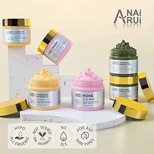 ANAI RUI Turmeric Vitamin C Clay Mask -Rose Facial Mask –Avocado Green Tea Mud Mask,Facial Mask Skincare for Deep Cleansing,Purify Pores SPA Mask Set,Facial Mask Set Gifts Set 2.5 oz each