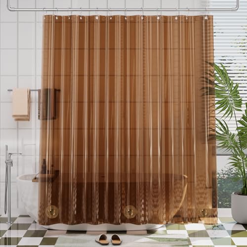 AmazerBath Premium EVA Shower Curtain Amber, Luxury Shower Curtain Clear Brown Jelly-Like Soft, Waterproof Clear Brown Shower Curtain with 3 Weighted Stones and 12 Grommets, Recyclable Packaging