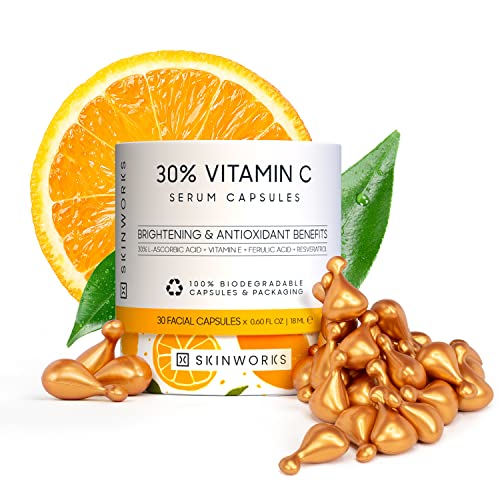 SKINWORKS ULTRA POTENT 30% Vitamin C Serum for Face, Vitamin E Ferulic Acid Facial Glow Serums for Brightening, Dark Spots, Anti-Wrinkle, Anti-Aging, Unscented, 30 Capsules