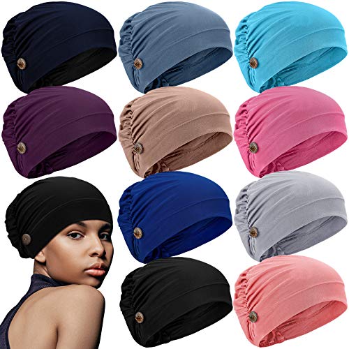 Geyoga 10 Pcs Soft Bouffant Caps with Buttons, Gourd-Shape Caps Stretch Bouffant Hat Stretchy Headband Turban (Bright Colors)