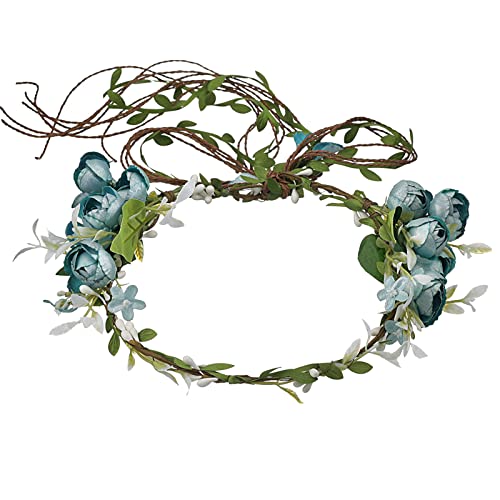 Lopsity Women Rose Floral Flower Crown Headband Rose Halo Wreath Wedding Bridal Hair Garland Ajustable Flower Hair Wreath (BLUE)