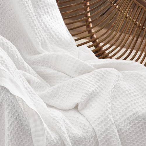 Bedsure 100% Cotton Large Throw Blankets for Couch - Waffle Weave White Throw Blankets for Bed, Lightweight and Soft Spring Throw Blankets for Office, 50x70 inches