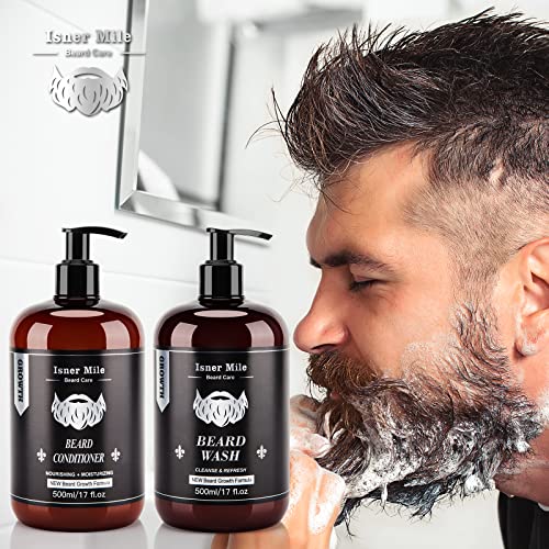 ISNER MILE Beard Wash and Conditioner Set 17 oz New Formula with Biotin Argan & Jojoba Oils Smooth Soften Strengthen Shampoo with Oil Gifts for Men