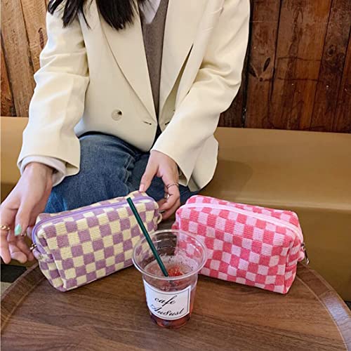 SxoSyo 2 Pcs Cosmetic Bags for Women Makeup Bag Purse Travel Toiletry Zipper Storage Pouch Make up Brushes Organizer for Gifts (Checkered, Pink 2)