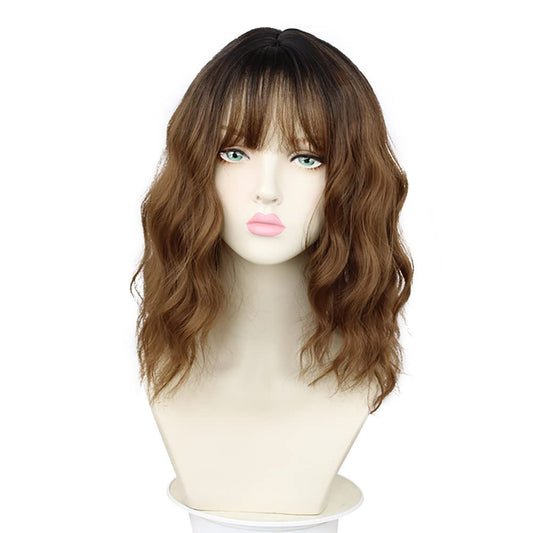 Sharebeauty Synthetic Bob Wig for Women Natural Wavy Curly Full Wig with Bangs Brown Ombre