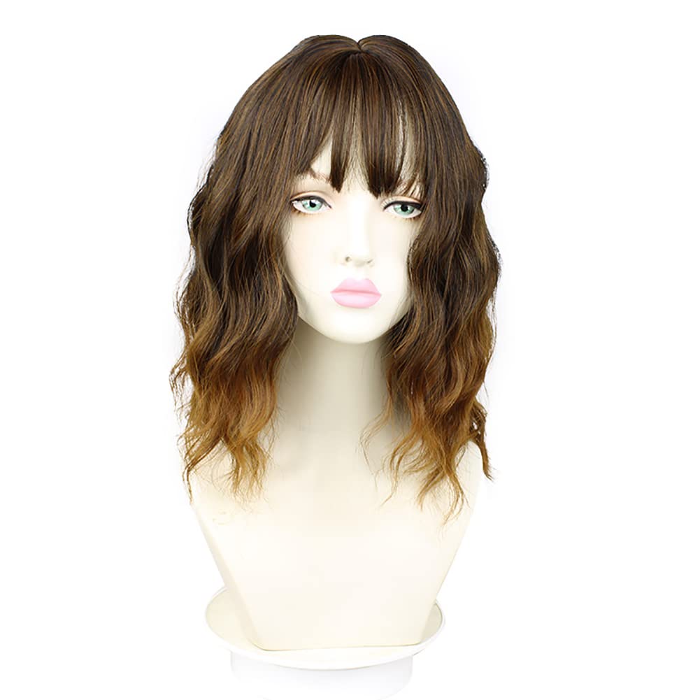 Sharebeauty Synthetic Bob Wig for Women Natural Wavy Curly Full Wig with Bangs Brown Ombre