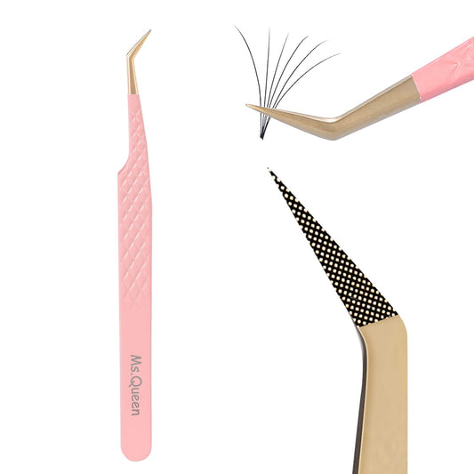 Ms.Queen 45 Degree Tweezers for Lash Extensions,Precision Fiber Tip Eyelash Tweezers for Volume Eyelash Extensions