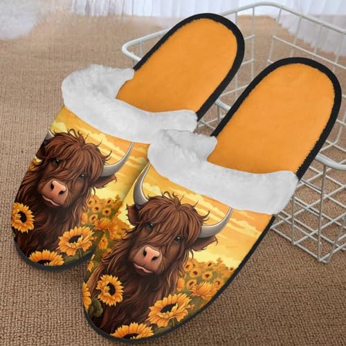 ZPINXIGN Sunflower Cow Slippers for Women Travel Home Winter Indoor Fuzzy Slipper Lightweight Bedroom House Slipper Soft Slipper Keep Warm Shoes