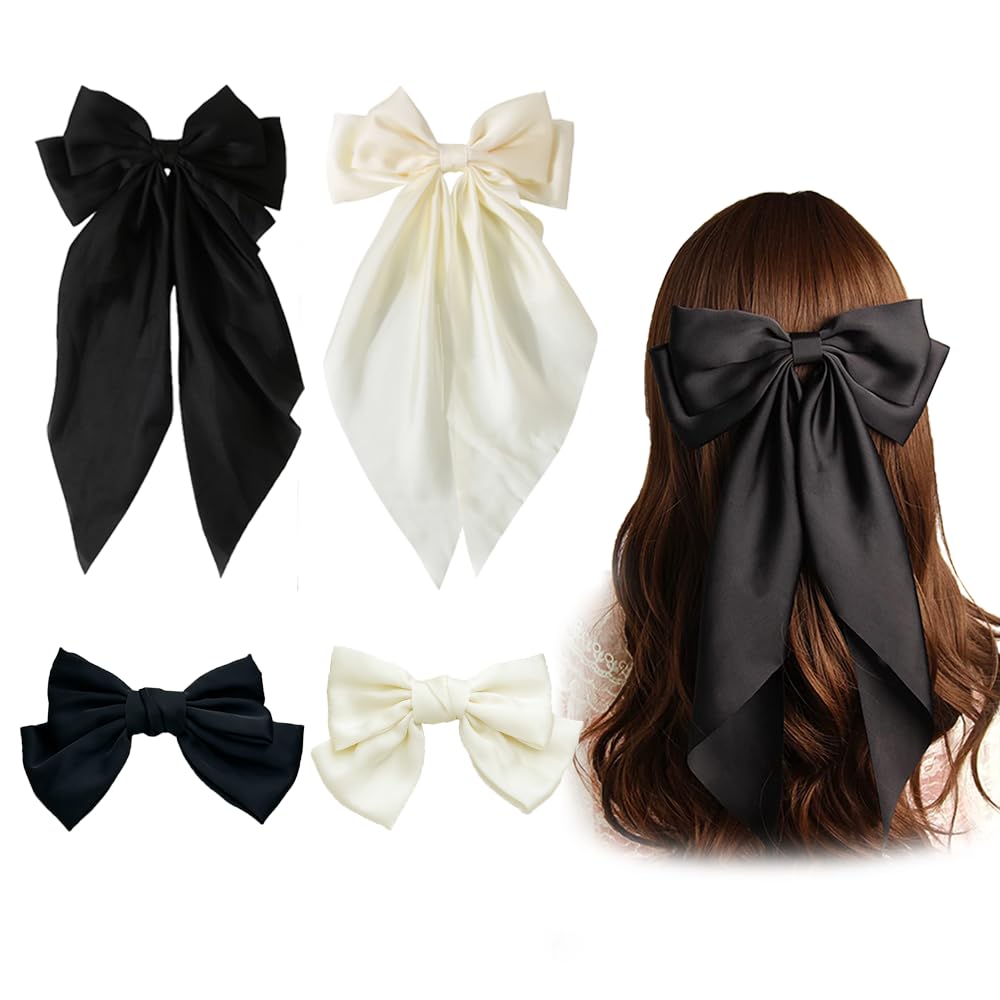 Bow Clips for Women, ELKINROVIC Mini Bow Clips Long Soft Small Coquette Bows Ribbon Bowknot Hair Bows for Girls Adult Kids Black&Beige(4Packs)