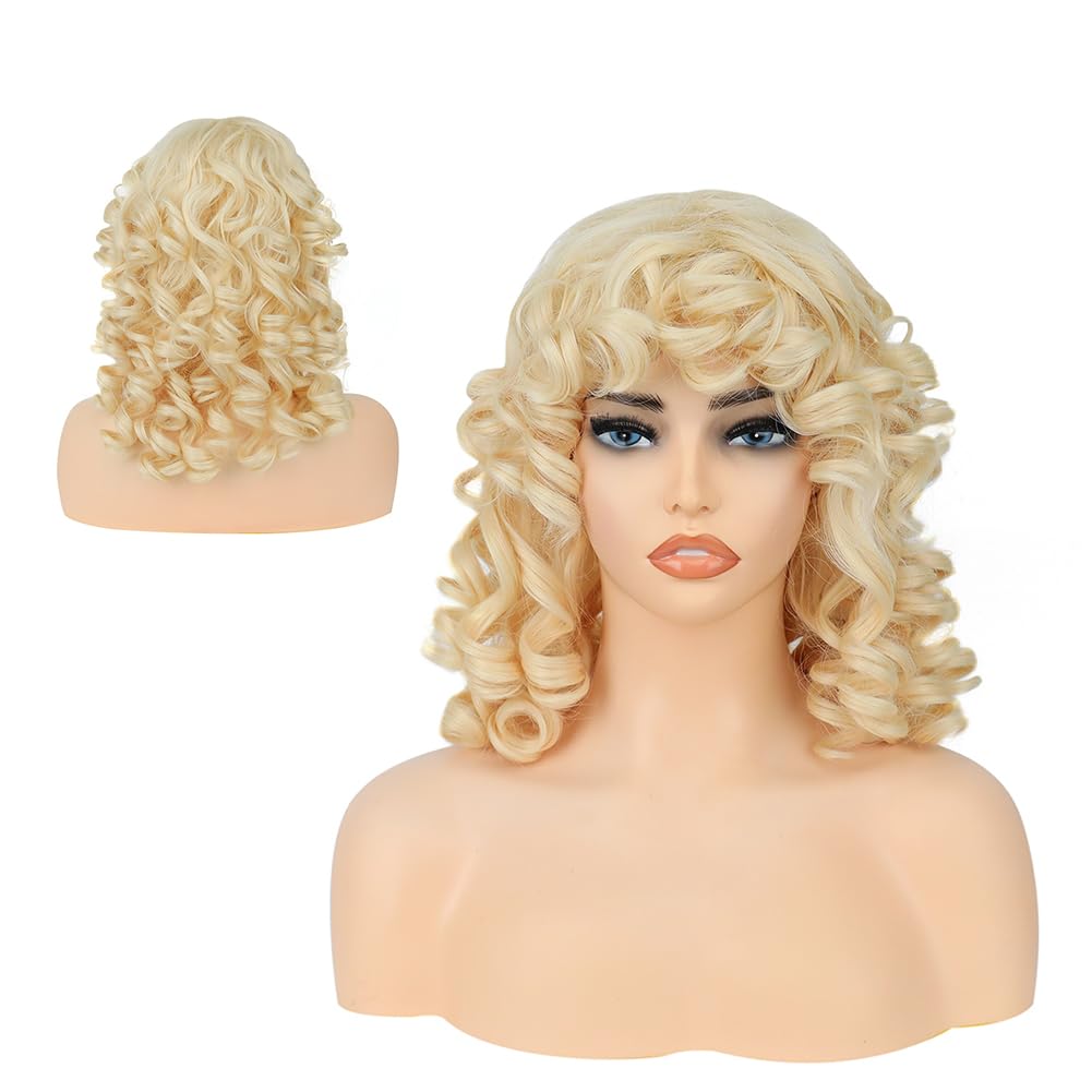 HUAISU Short Blonde Curly Kinky Wig with Bangs Synthetic High Density Shoulder Length Deep Wave Density Wig for Women One Piece Heat Resistant Fluffy Cosplay Wig (Blonde, 14inch)