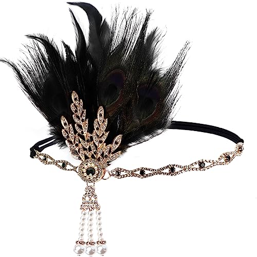 FERCAISH 1920s Flapper Headband, Roaring 20s Black Feather Crystal Headband Bachelor Party Feather Headband, Great Hair Accessories for Women