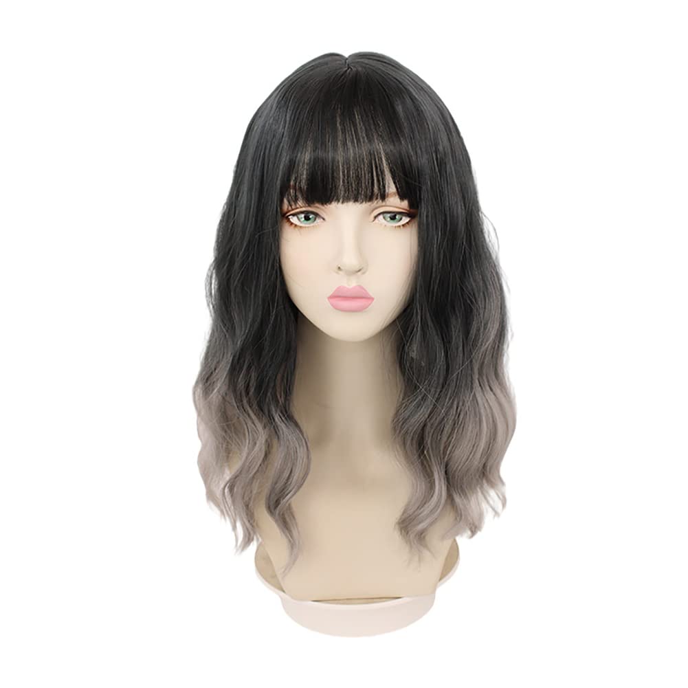 Sharebeauty Synthetic Bob Wig for Women Natural Wavy Curly Full Wig with Bangs Black Grey Ombre