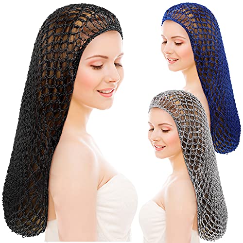 Waydress 3 Pcs Mesh Crochet Hair Net Rayon Knit Snood Hat Cover 20 Inch Crocheted Sleeping Cap for Women Long Hair Curly Hair(Black, Gray, Sapphire)