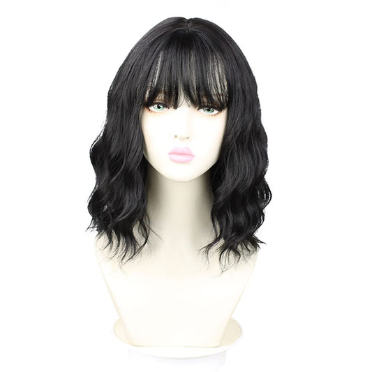 Sharebeauty Synthetic Bob Wig for Women Natural Wavy Curly Full Wig with Bangs Black