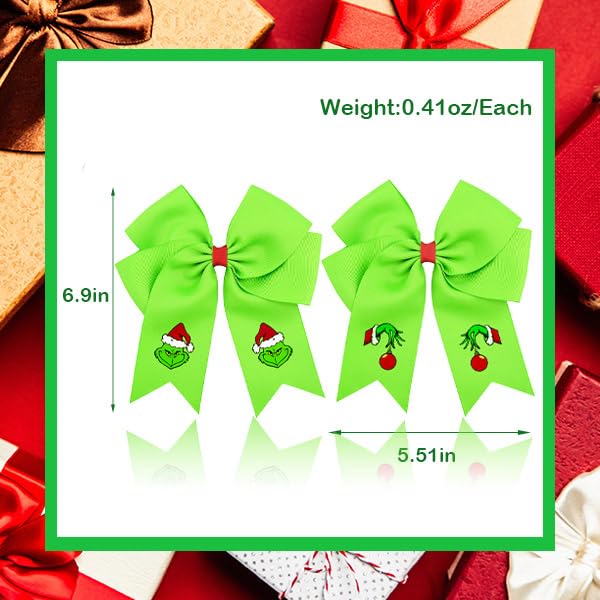 2PCS Grinch Hair Bow Large Green Christmas Hair Bows For Girls Women, Christmas Hair Clips Grinch Hair Accessories, Grinch Bows For Christmas Party Favors Holiday Costume Accessories Gift