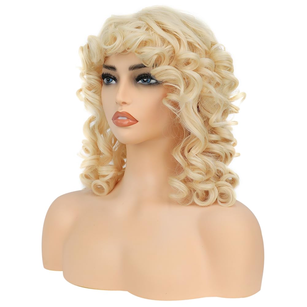 HUAISU Short Blonde Curly Kinky Wig with Bangs Synthetic High Density Shoulder Length Deep Wave Density Wig for Women One Piece Heat Resistant Fluffy Cosplay Wig (Blonde, 14inch)