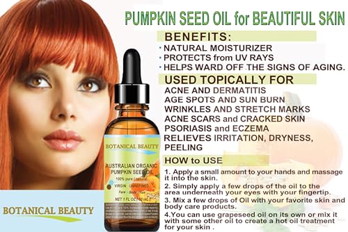 ORGANIC PUMPKIN SEED OIL Australian. 100% Pure/Natural/Undiluted/Unrefined Cold Pressed Carrier Oil. 1 Fl.oz.- 30 ml. For Skin, Hair, Lip And Nail Care. "One Of The Richest Sources Of Enzymes,