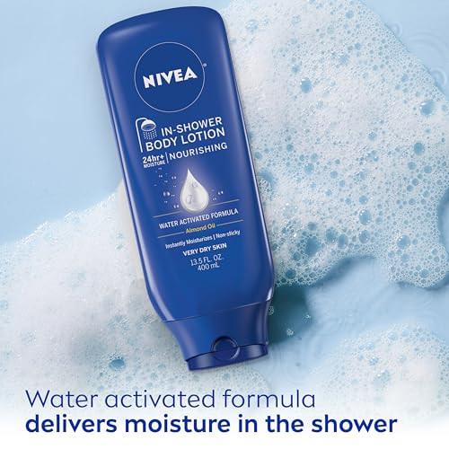 NIVEA Nourishing In Shower Lotion, Water-Activated Body Lotion Enriched with Almond Oil, Instant 24-Hour Moisture, 13.5 Fl Oz Bottle